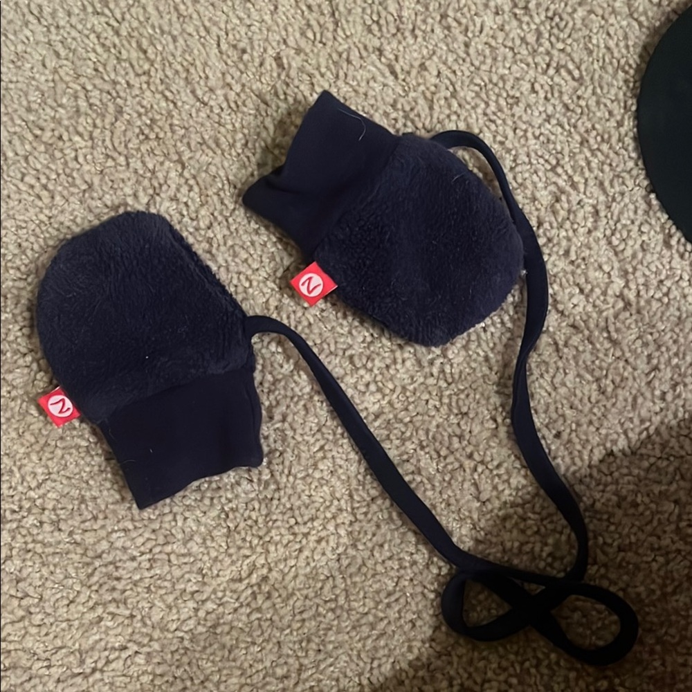 Navy Blue Fleece Baby Mittens with String